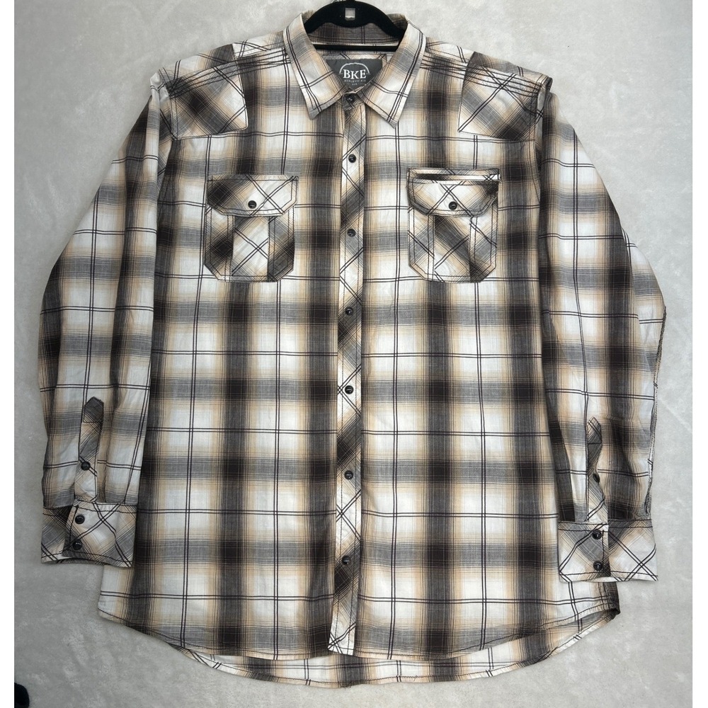 BKE Button Down Shirt Mens XXL Brown White Plaid Snap Front Wester Long Sleeve